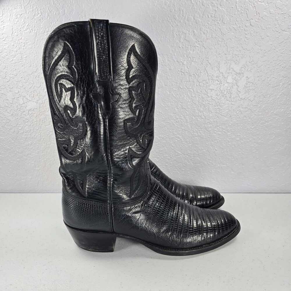 Lucchese Teju Lizard Vintage Western Boots Mens 9 D Black Leather Cowboy USA